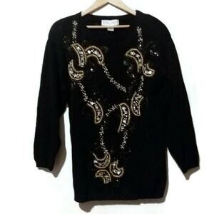 VTG Victoria Harbour Black Beaded Knit Sweater S